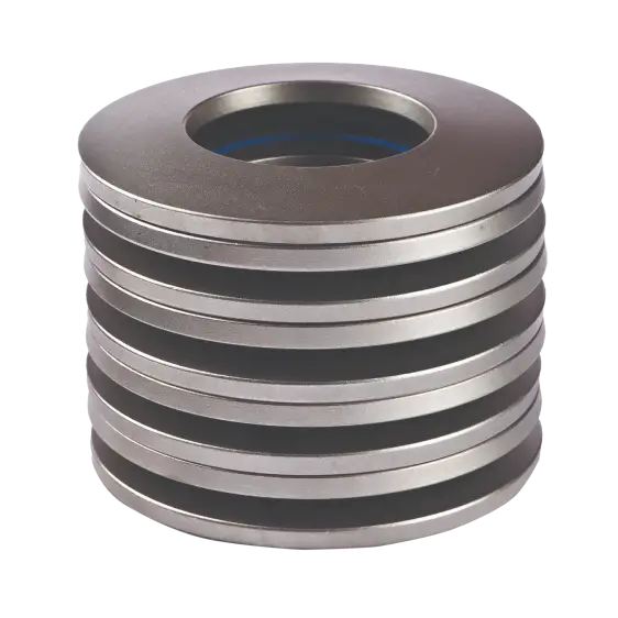 A set of Schnorr disc springs, conical washers designed to provide high load capacity in minimal space, commonly used in various industrial applications.