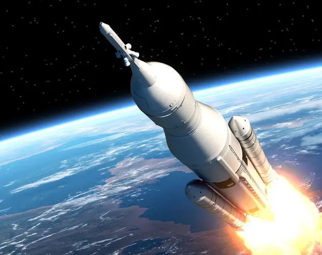 A rocket launching into space with Earth visible in the background, representing advanced aerospace technology.