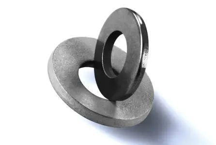A pair of Schnorr load washers, one sitting on top of the other.
